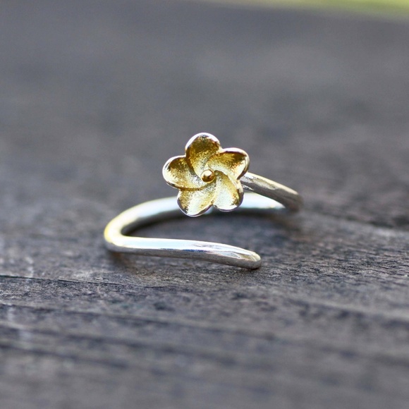 Plumeria Flower Ring Silver and Gold Band , Hawaii Ring , Adjustable - Picture 2 of 7